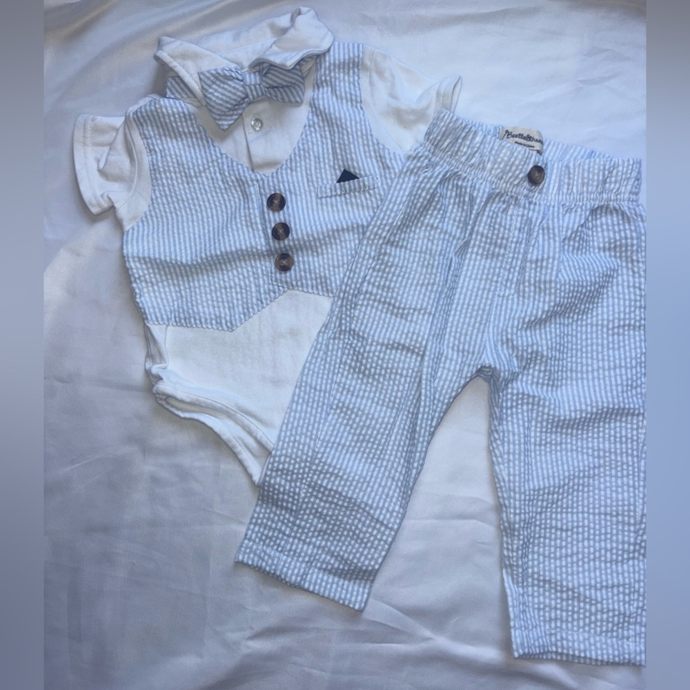 White and Blue Infant Matching Set with Vest Design, Bow Tie Shirt, Baby Clothes
